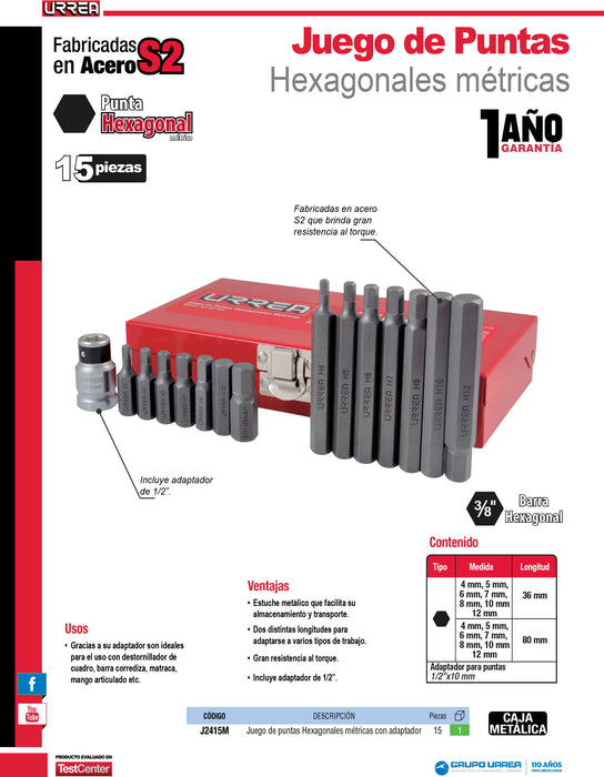 Juego de puntas hexagonales hexágono de 3/8" mét, con adaptador, 15 pz en caja metalica Urrea