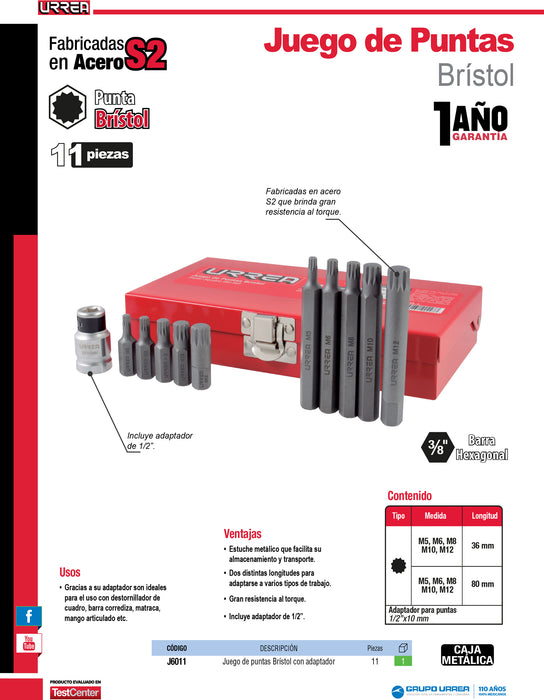 Juego de puntas bristol hexágono de 3/8" con adaptador, 11 piezas en caja metálica Urrea