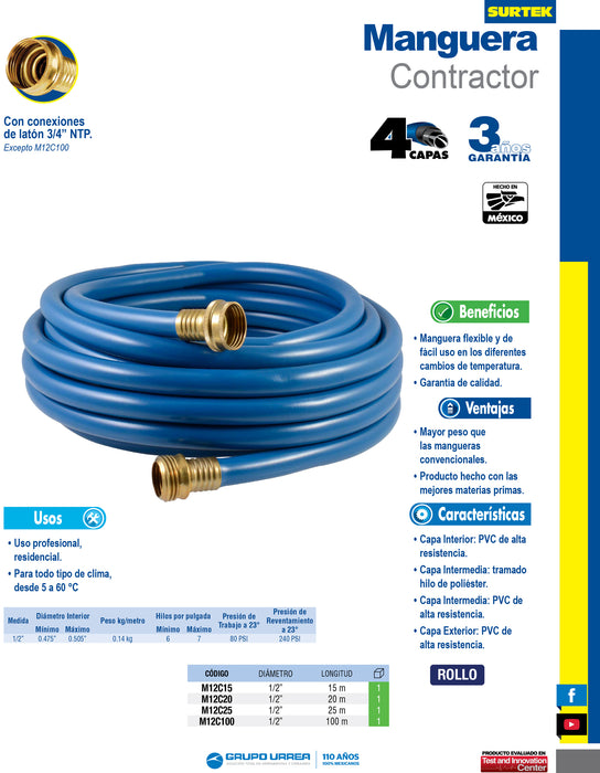 Manguera para jardín contractor con conector metálico 1/2", 20 m Surtek