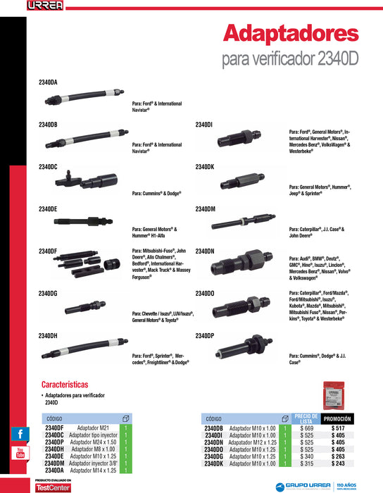 Adaptador para verificador de compresión de motores a diésel 2340D, Tipo inyector Urrea
