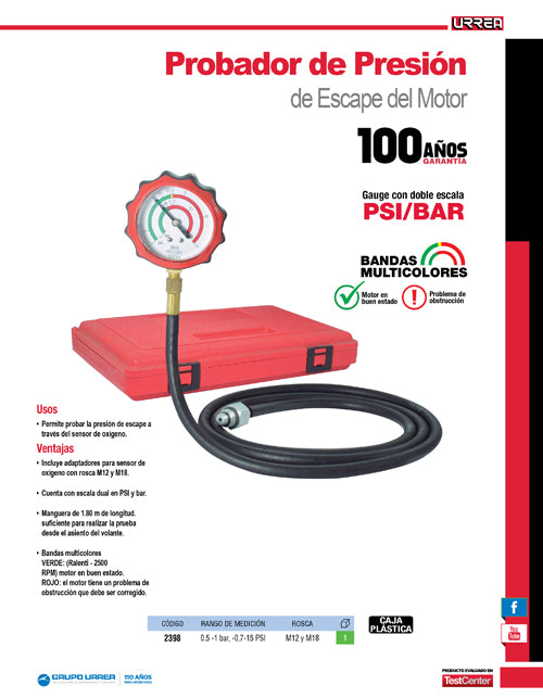 Probador de presión de escape del motor de 0.7 a 15 psi Urrea