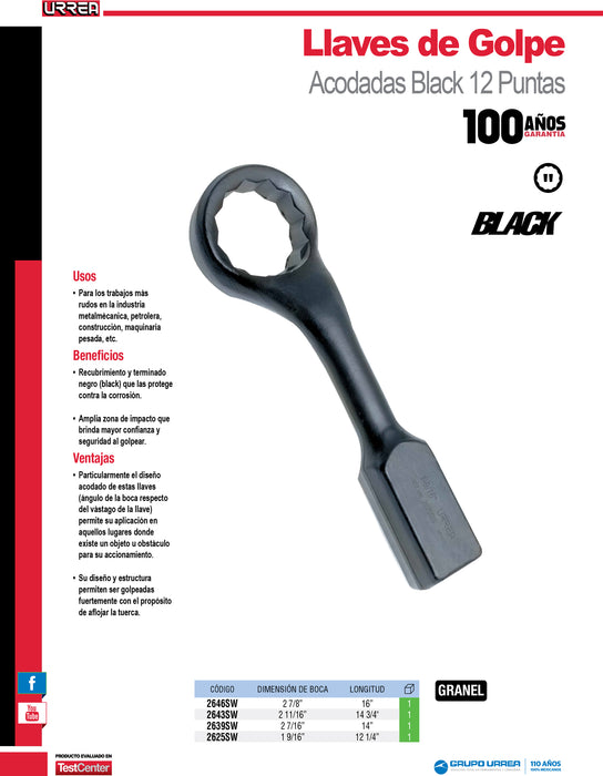 Llave de golpe acodada fosfatizada en pulgadas, 12 puntas, 2-7/8" Urrea