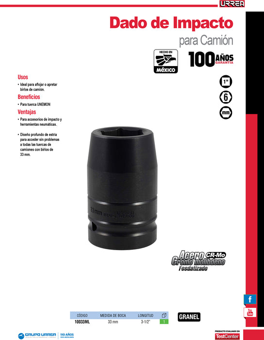 Dado de impacto largo métrico cuadro de 1" para ruedas de camión, 33mm Urrea