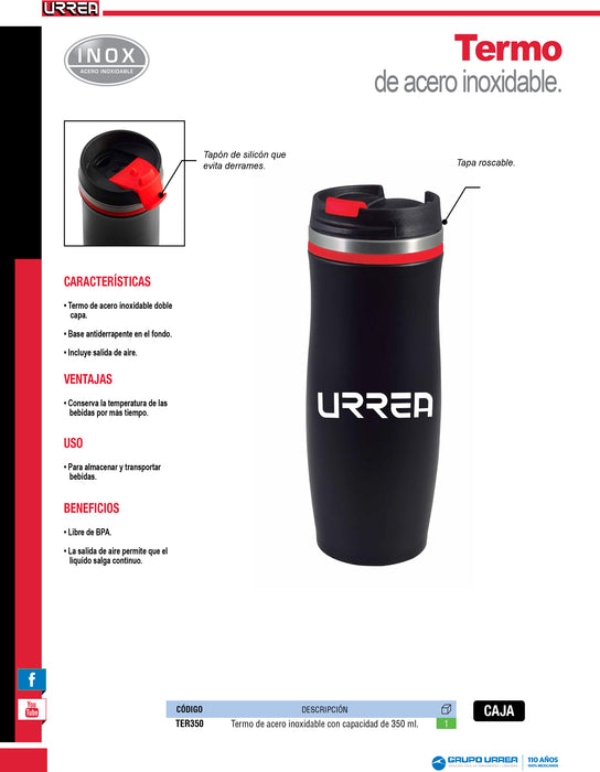 Termo de acero inoxidable con tapa roscable de 350 ml Urrea
