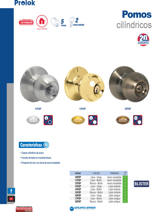 Pomo cilíndrico bola función entrada, latón antiguo, llave estándar, blíster Prolok