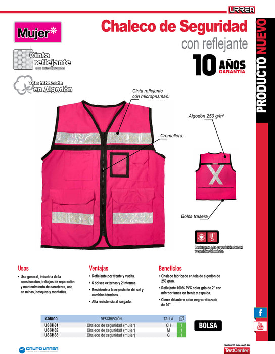 Chaleco de seguridad tipo supervisor cerrado con reflejante rosa M Urrea