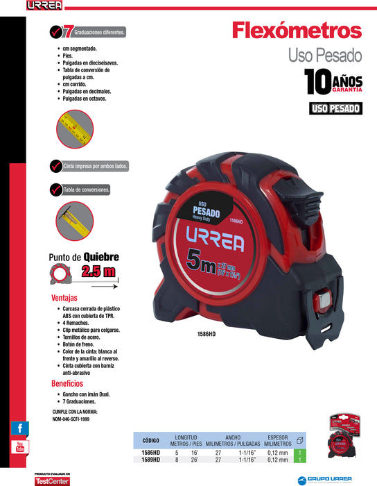Flexómetro con carcasa de caucho anti-impacto 5 m x 27 mm Urrea