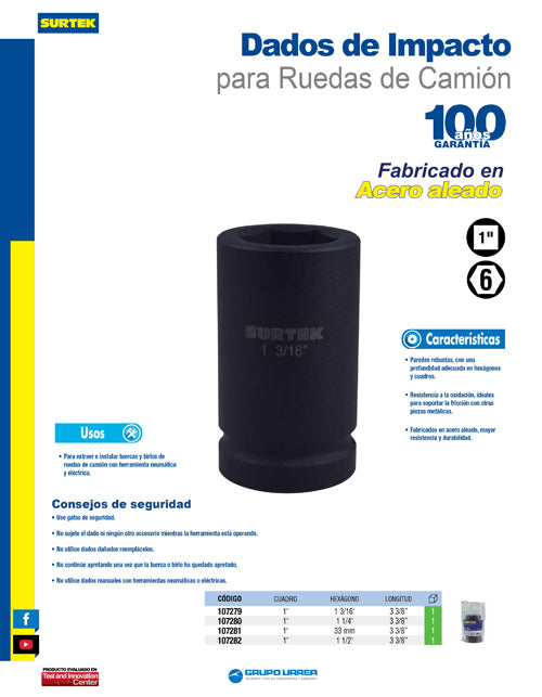 Dado de impacto largo en pulgadas, cuadro 1", 6 puntas, 1-3/16" Surtek