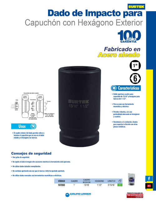 Dado de impacto pulgadas, doble boca, cuadro para capuchón 13/16", 1-1/2" Surtek