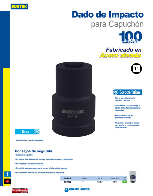 Dado de impacto, cuadro 1",  para capuchón 13/16" Surtek