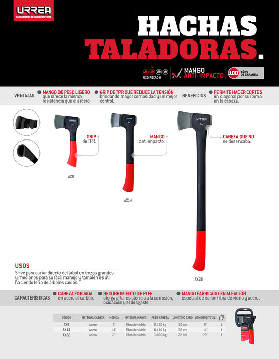 Hacha taladora de cabeza forjada en acero con mango de fibra de vidrio anti-impacto 14" Urrea