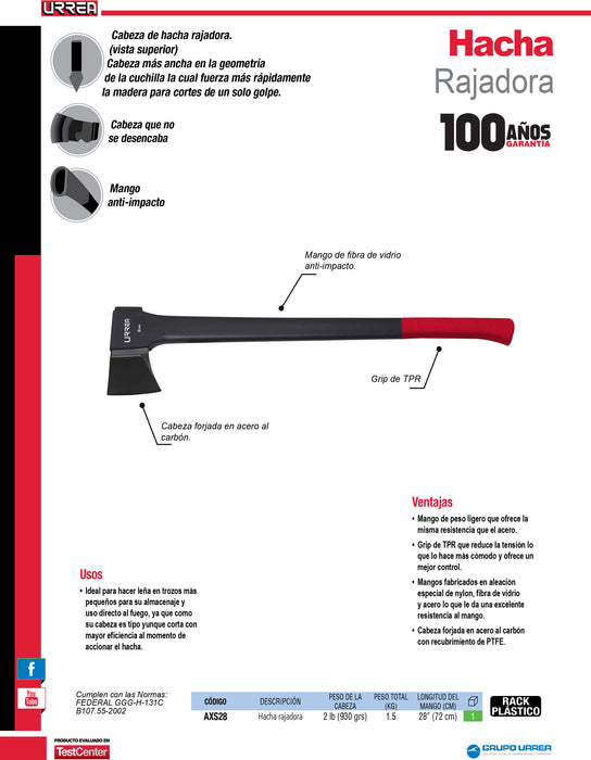 Hacha rajadora de cabeza tipo yunque con mango de fibra de vidrio anti-impacto 28" Urrea