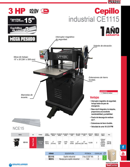 Juego de navajas para cepillo estacionario 15", 3 piezas Urrea
