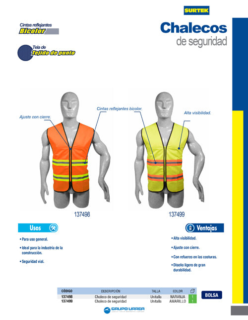 Chaleco de seguridad de alta visibilidad con cierre naranja unitalla Surtek