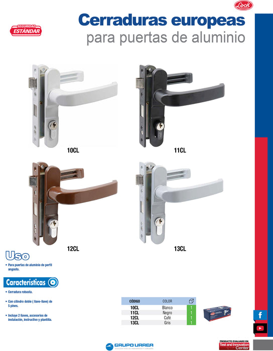 Cerradura Euro para puerta de aluminio función doble, blanco, llave estándar Lock