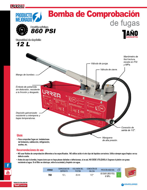 Bomba de comprobación de fugas 60 bar (860 psi) Urrea
