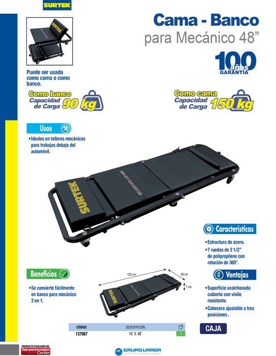 Cama-banco para mecánico ajustable acolchonada, 48" Surtek