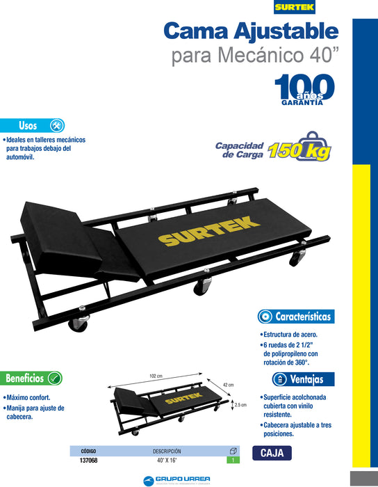 Cama para mecánico ajustable acolchonada 3 posiciones, 48" Surtek