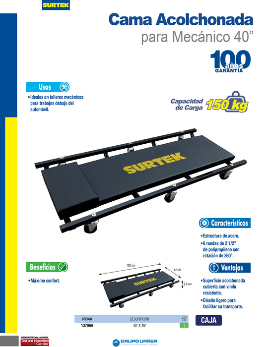 Cama para mecánico ajustable acolchonada, 40" Surtek