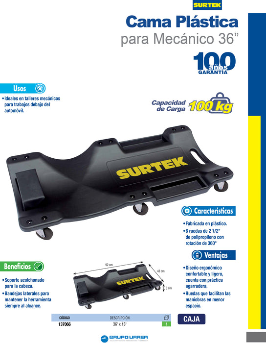 Cama para mecánico plástica, 36" Surtek