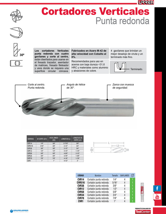 Cortador vertical punta redonda 4 gavilanes, 5/16" Urrea