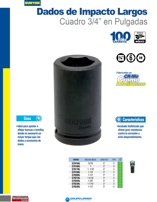Dado de impacto largo cuadro de 3/4", 6 puntas, en pulgadas, 1-1/4" Surtek