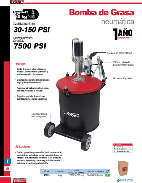 Inyector de grasa con cubeta neumático de 30 kg, 7,500 PSI Urrea