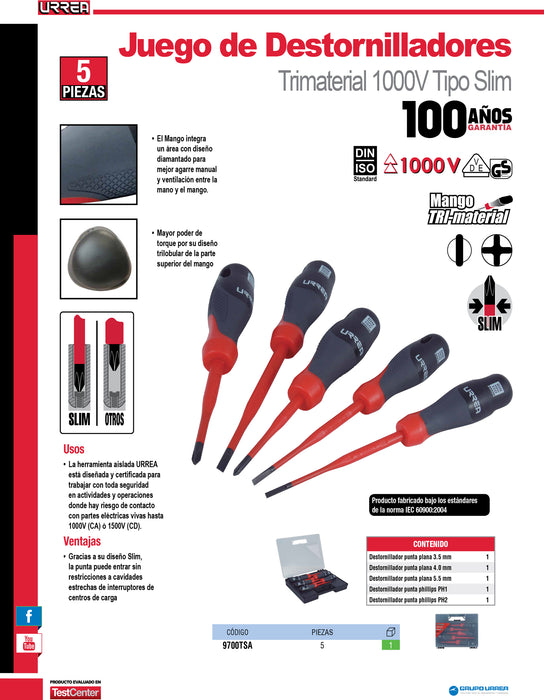 Juego de destornilladores barra slim con mango trimaterial 1000 V, 5 piezas Urrea
