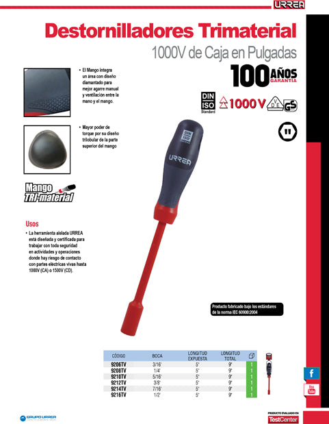 Destornillador con mango trimaterial 1000 V, de caja en pulgadas 3/16" x 5" Urrea