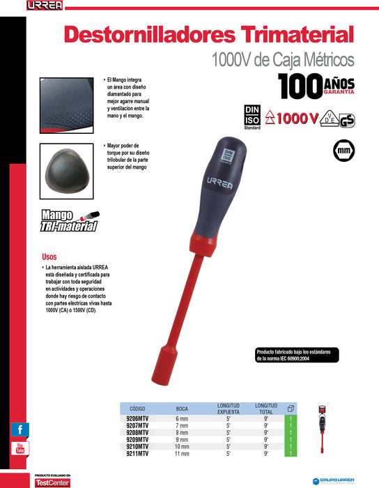 Destornillador con mango trimaterial 1000 V, de caja métrico 7 mm x 5" Urrea