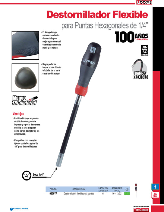 Destornillador flexible magnético con mango trimaterial para puntas 1/4" Urrea