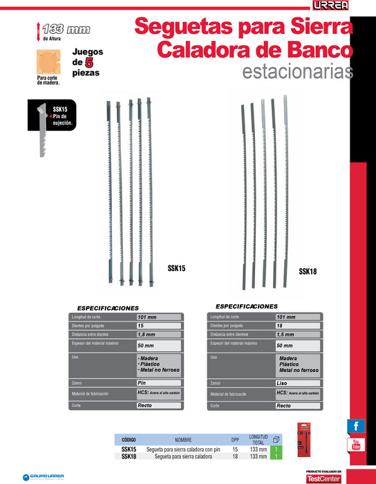 Hojas para sierra caladora de banco 18 dpp, 5 piezas Urrea