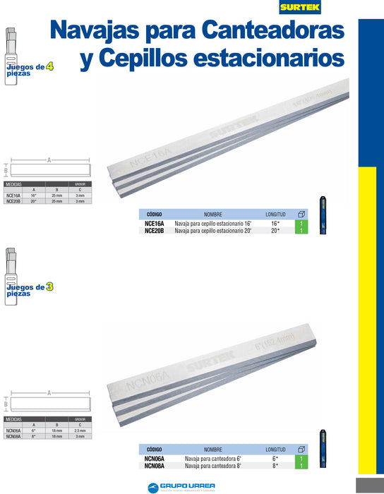 Juego de navajas para cepillo estacionario 20", 4 piezas Surtek