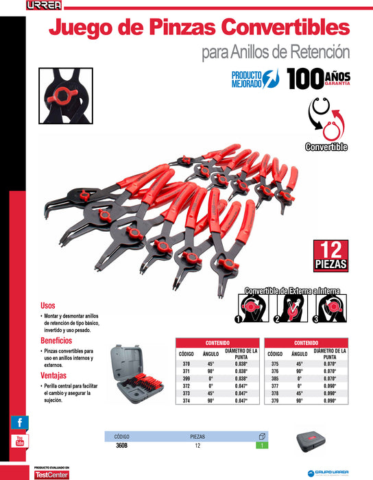 Juego de pinzas para anillos de retención convertibles con mariposa, 12 piezas Urrea