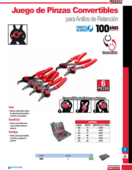 Juego de pinzas para anillos de retención convertibles con mariposa, 6 piezas Urrea