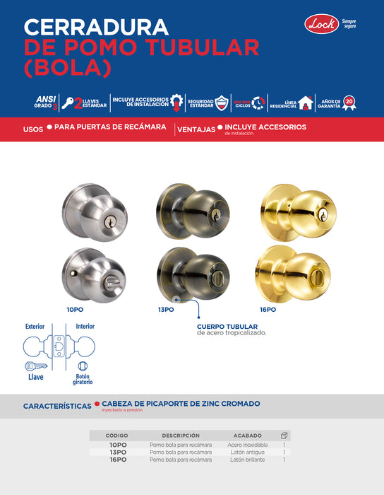 Pomo tubular bola función recámara, latón brillante, llave estándar, blíster Lock