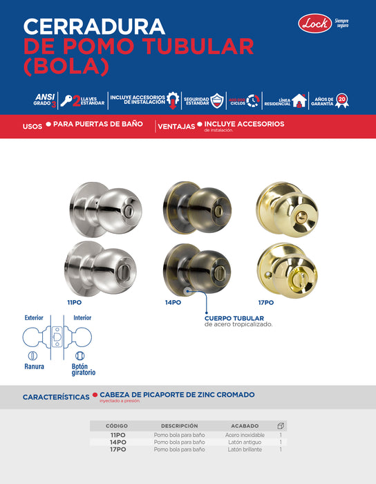 Pomo tubular bola función baño, latón brillante, blíster Lock