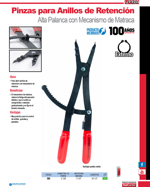 Pinza para abrir anillos de retención con mecanismo de matraca Urrea