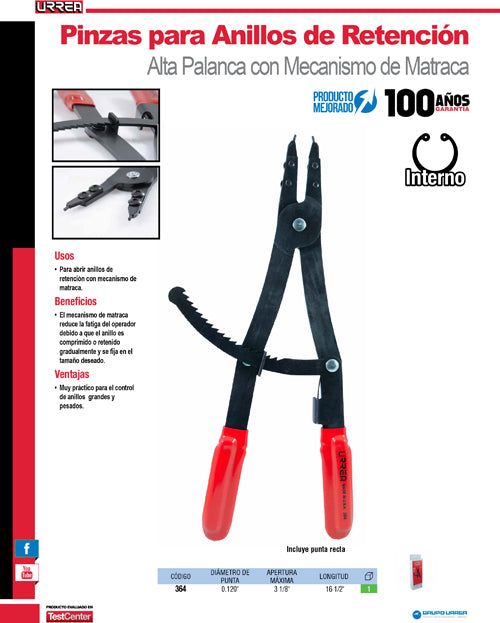 Pinza para cerrar anillos de retención con mecanismo de matraca Urrea