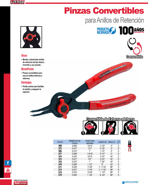 Pinza para anillos de retención convertibles con mariposa .070 ángulo de 45° Urrea