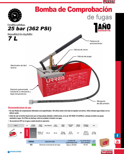 Bomba de comprobación de fugas 25 bar (362 psi) Urrea