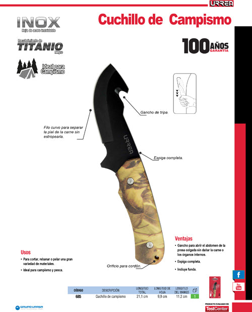 Cuchillo de acero inoxidable con mango de plástico de 8-5/16", para campamento Urrea