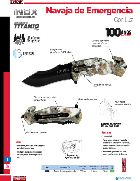 Navaja abatible de acero inoxidable para campamento con luz Urrea