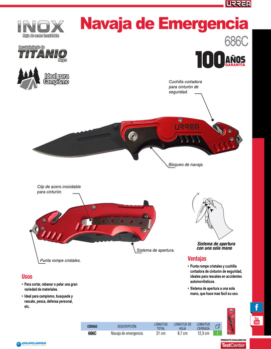 Navaja abatible de acero inoxidable para emergencias Urrea