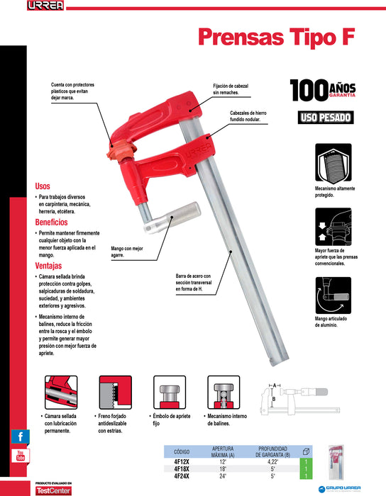 Prensa tipo "F" de 12" rápida Urrea