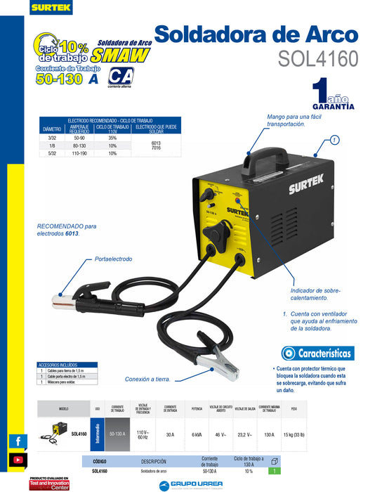 Soldadora de transformador por arco para electrodos 110 V, 50 - 130 A Surtek