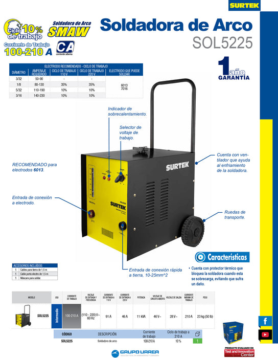 Soldadora de transformador por arco para electrodos 110 - 220 V, 100 - 210 A Surtek