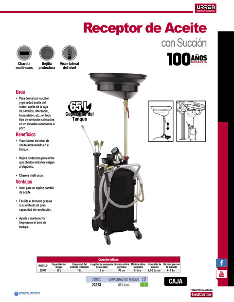 Receptor de aceite con succión 65 Lt Urrea