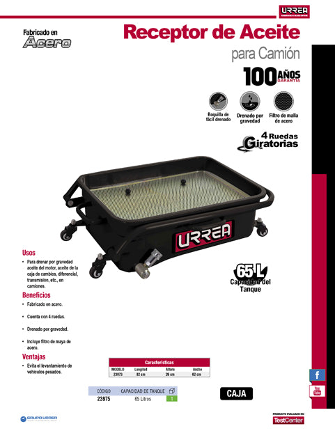 Receptor de aceite por gravedad 65 Lt para camión Urrea