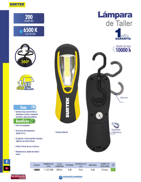 Lámpara de LED para taller a batería de 200 lm Surtek